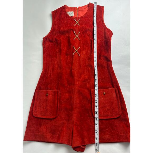 Vintage 60s Mod Go Go Red Orange Suede Romper Playsuit Size Small Medium - Picture 11 of 16